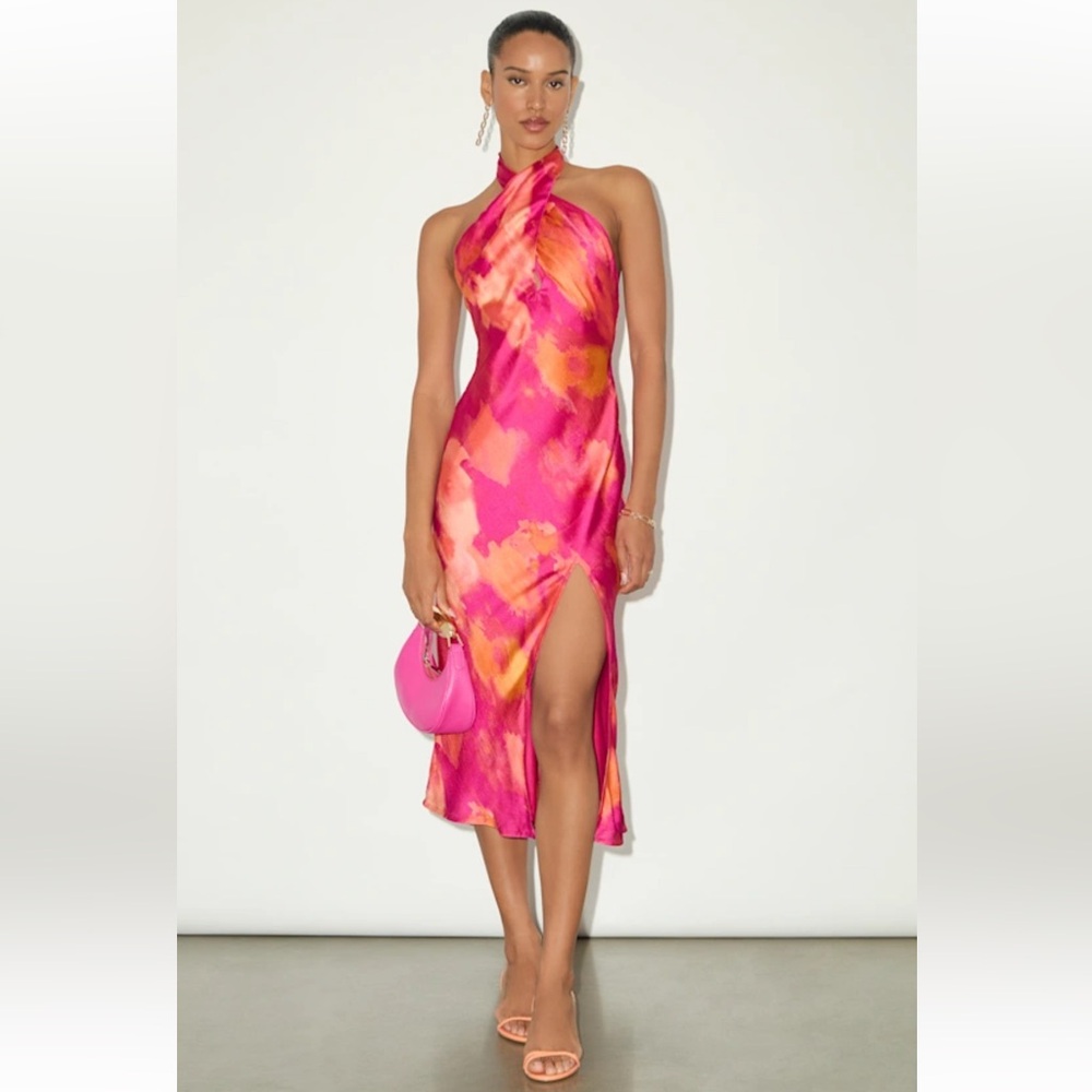 Lulu’s Classy Pink multi abstract satin halter midi dress